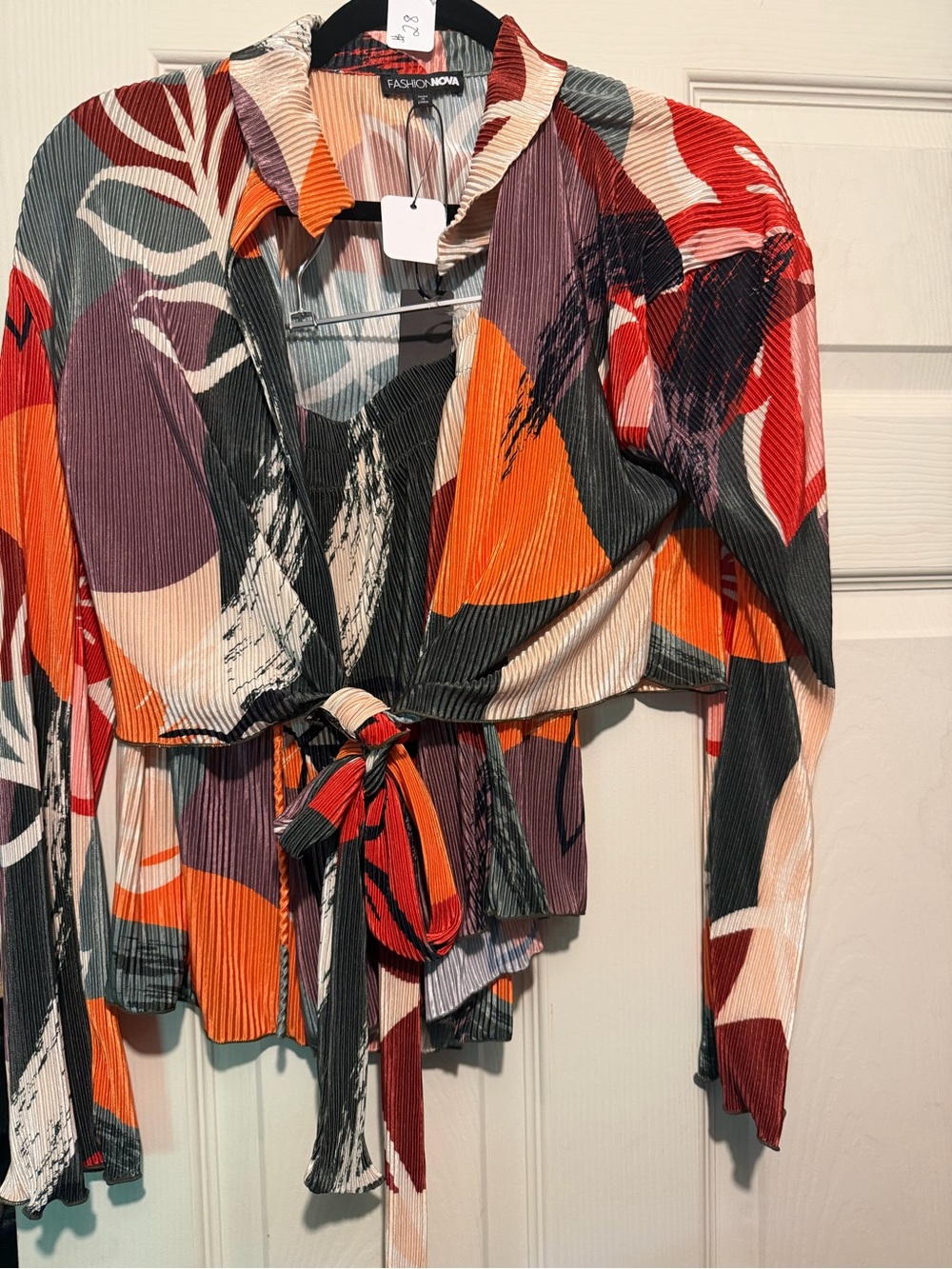 Fashion Nova Multicolor Abstract Tie-Front Blouse - Orange/Red/Green/Black/Cream